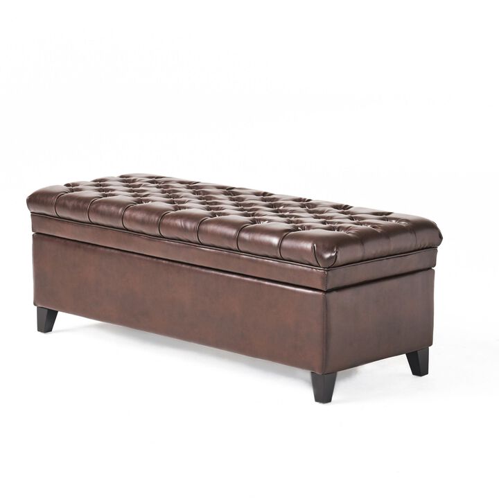 Rhya Storage Ottoman Bench, Brown Faux Leather, Black Wood, 50 Inch -Benzara