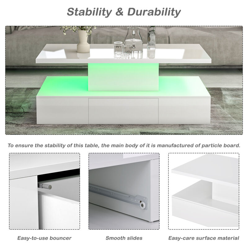 Modern Glossy Coffee Table with Drawer, 2-Tier Rectangle Center Table