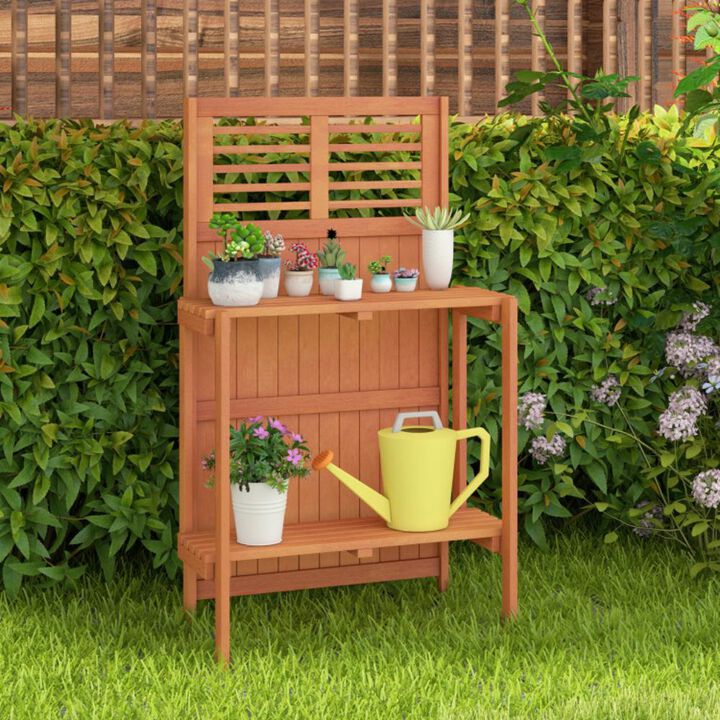 Hivvago Folding Garden Potting Bench with 2-tier Storage Shelves and Teak Oil Finish for Garden Yard Balcony