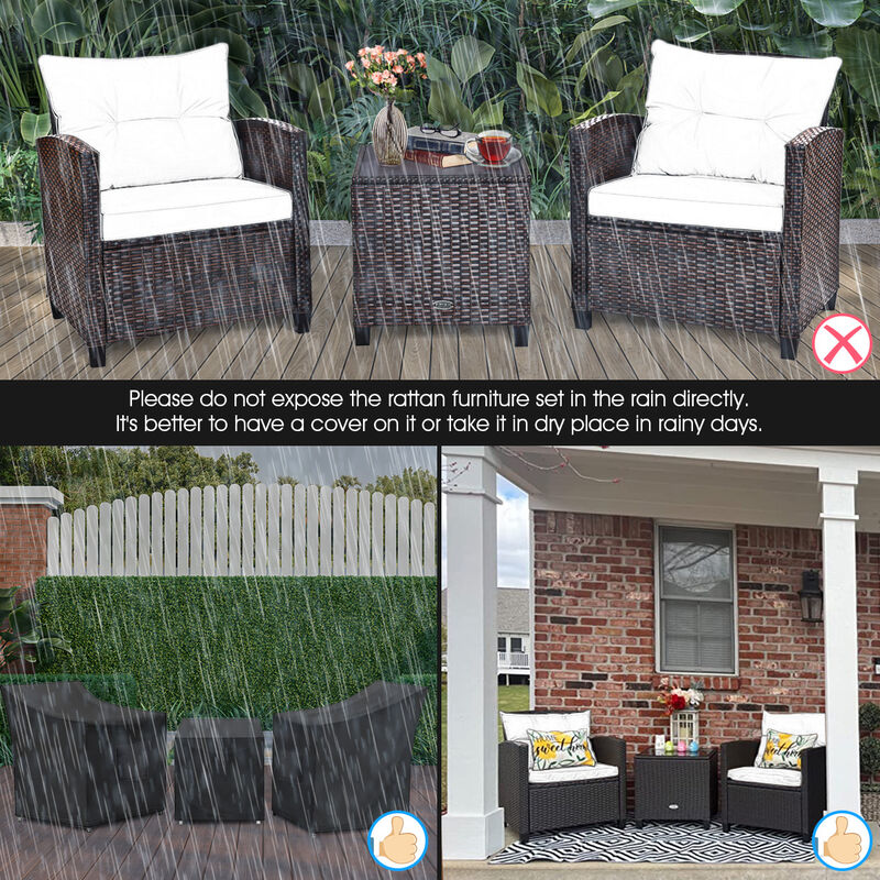3 Pcs Patio Rattan Furniture Set Cushioned Conversation Set Coffee Table