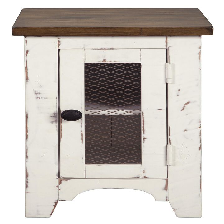 Two Tone Chair Side End Table with Wire Metal Grill Cabinet,Brown and White-Benzara