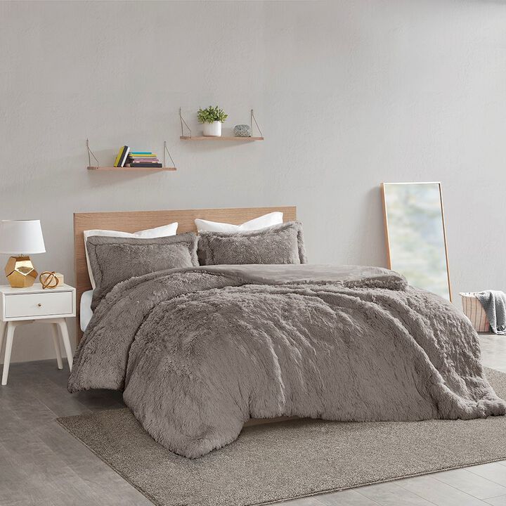 Gracie Mills Susie Solid Shaggy Long Fur Duvet Cover Set