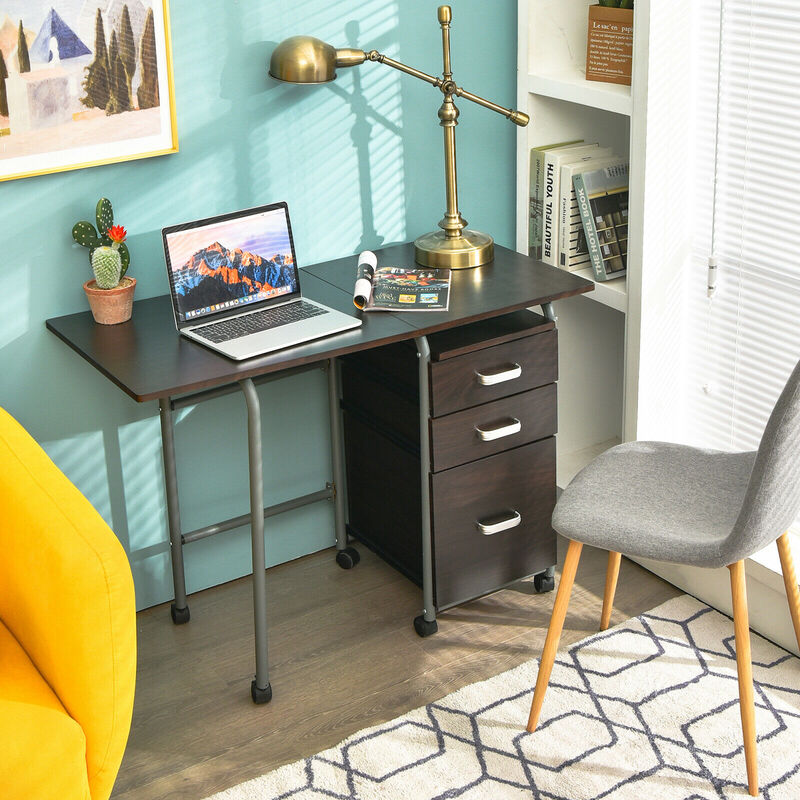 Costway Folding Computer Laptop Desk Wheeled Home Office Furniture w/3 Drawers Brown