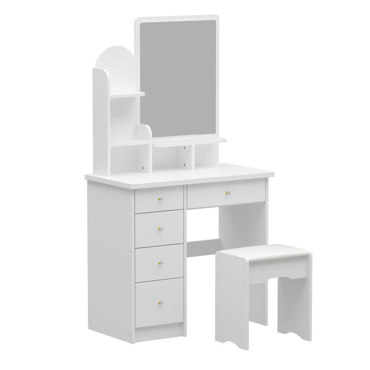 5-Drawers White Makeup Vanity Table Wooden Dressing Desk With Mirror and 3-Tier Storage Shelves 55.1 x 31.5 x 15.7 In.