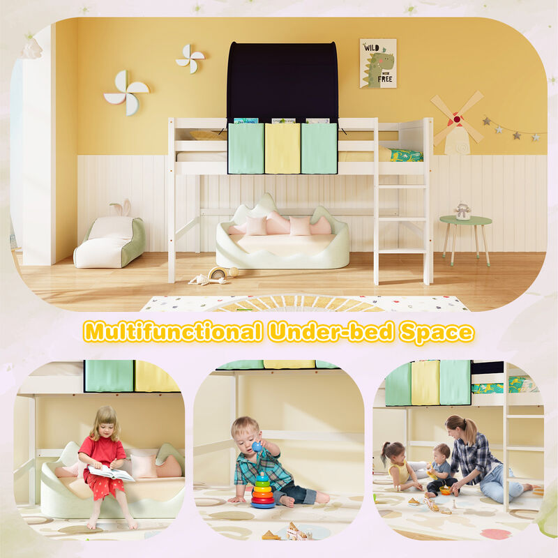 Loft Bed Playhouse Bed Frame with Tower Tent and 3 Storage Pockets