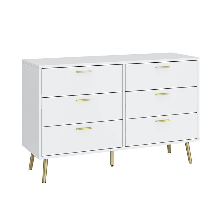 54” 6 Drawer Dresser, Modern 6-Drawer Chest with Gold Metal Handles, Bedroom Dresser with Gold Metal Legs, for Living Room Entryway (54”W x 15.7”D x 30.1”H)