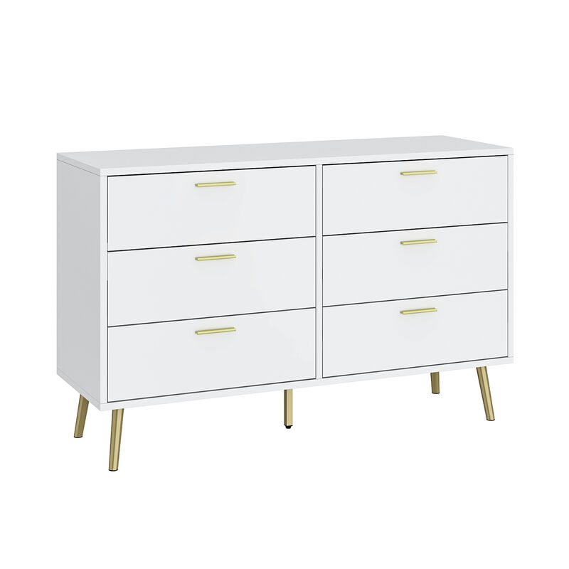 54” 6 Drawer Dresser, Modern 6-Drawer Chest with Gold Metal Handles, Bedroom Dresser with Gold Metal Legs, for Living Room Entryway (54”W x 15.7”D x 30.1”H)