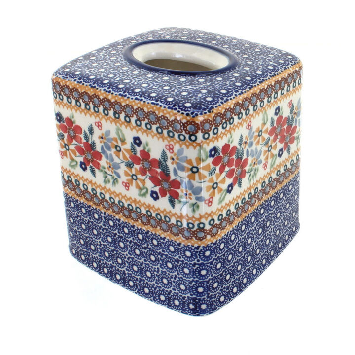 Blue Rose Polish Pottery Garden Bouquet Tissue Box