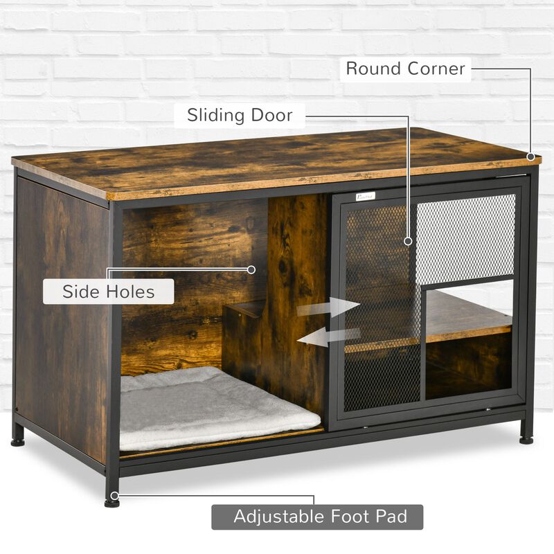 Rustic Brown Pet House: Cat Kennel End Table with Sliding Doors