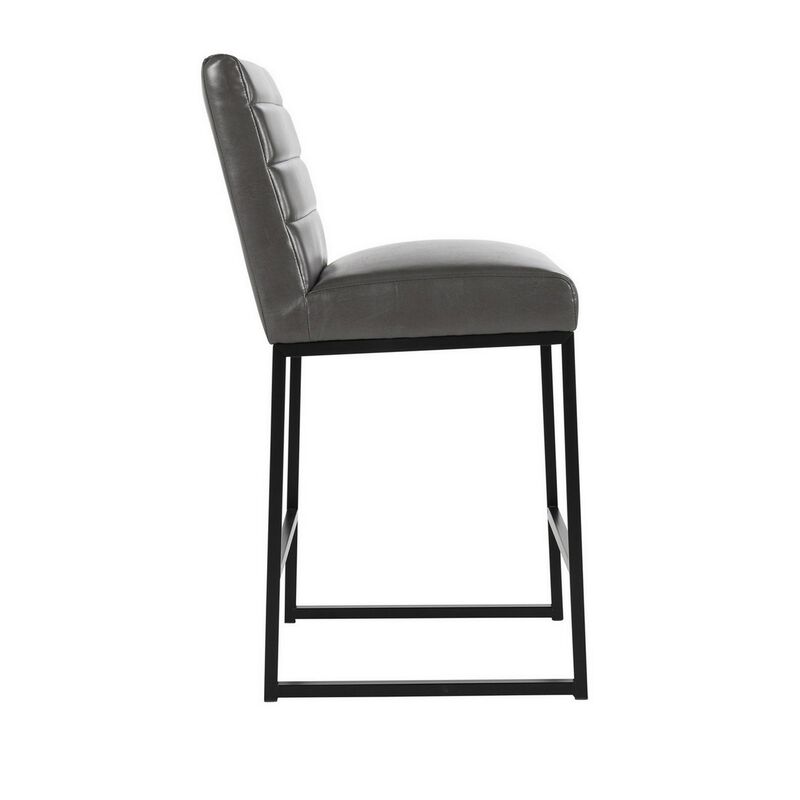Vinn 26 Inch Modern Counter Stool, Channel Tufted, Vegan Faux Leather, Gray - Benzara