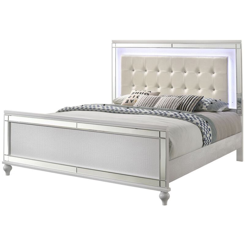Lee Queen Size Bed, LED, Tufted Faux Leather Upholstery, Textured White - Benzara