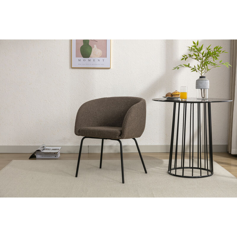 Set Of 1 Boucle Fabric Dining Chair With Black Metal Legs, Dark Brown