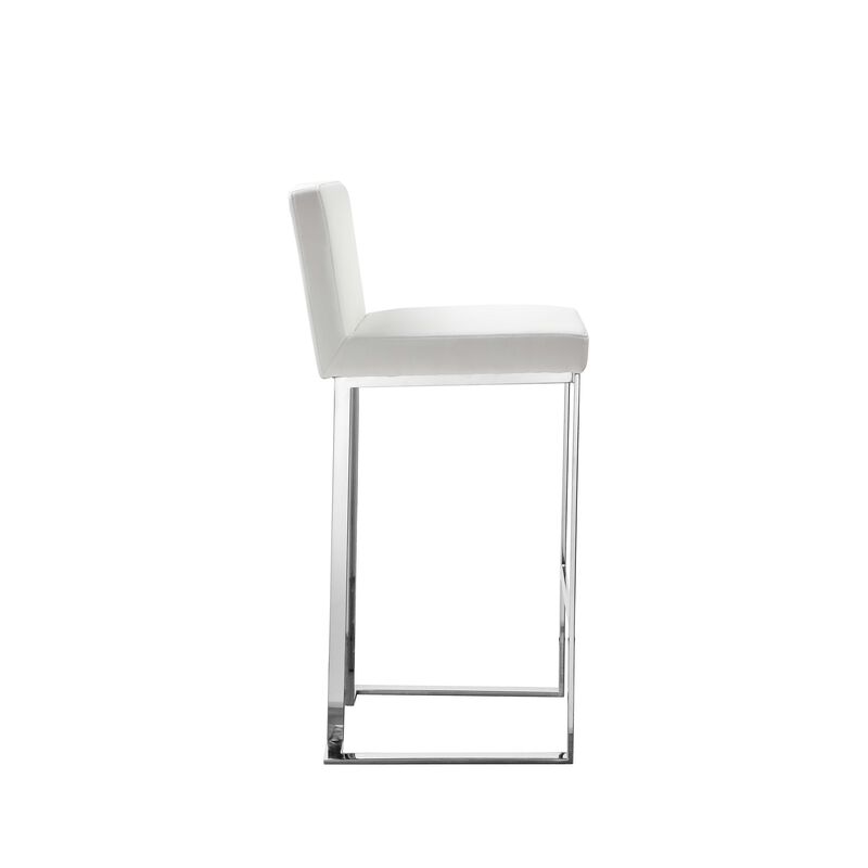 Boly 30 Inch Barstool Chair, White Faux Leather, Cushions, Chrome Steel - Benzara