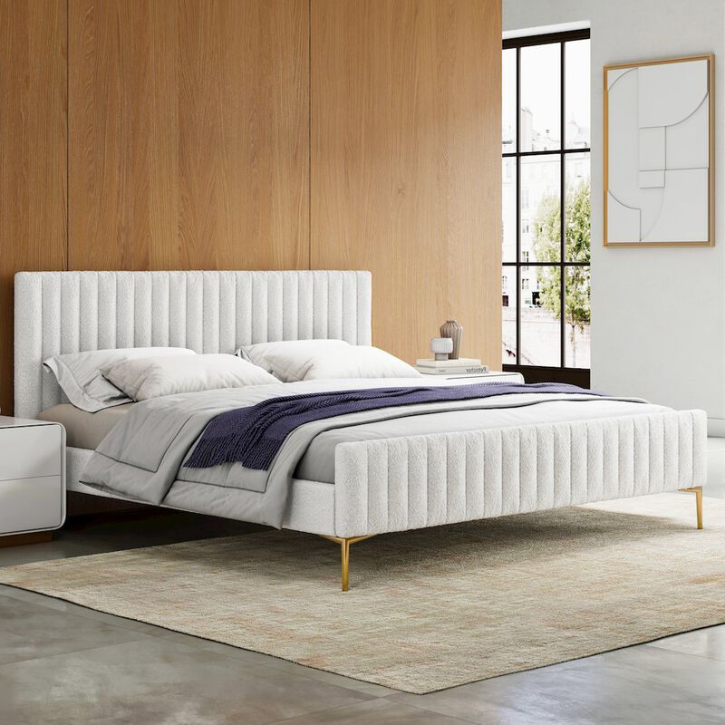 Omax Decor Julia Upholstered Modern Fabric King Platform Bed in White Boucle