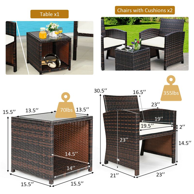 3 Pieces PE Rattan Wicker Furniture Set with Cushion Sofa Coffee Table for Garden