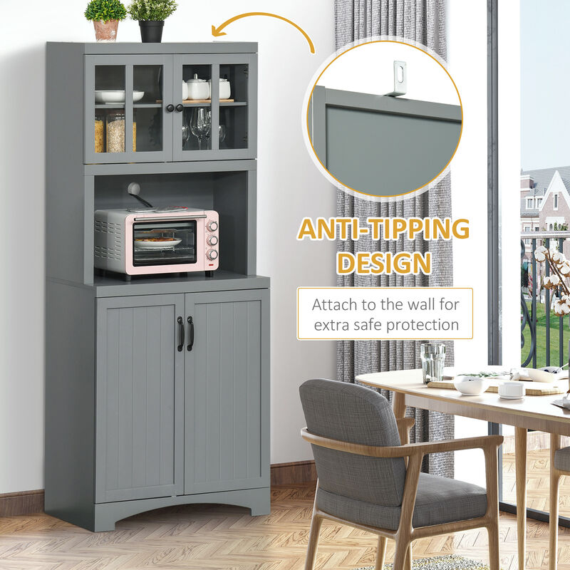 Freestanding Kitchen Storage Cupboard with Framed Glass Doors & Open Countertop