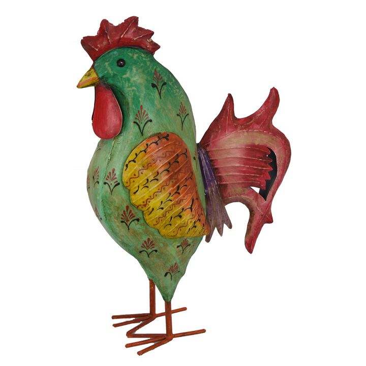 Rookie Painted Rooster, Garden Decor, Green Red Yellow Metal, 26 Inch - Benzara