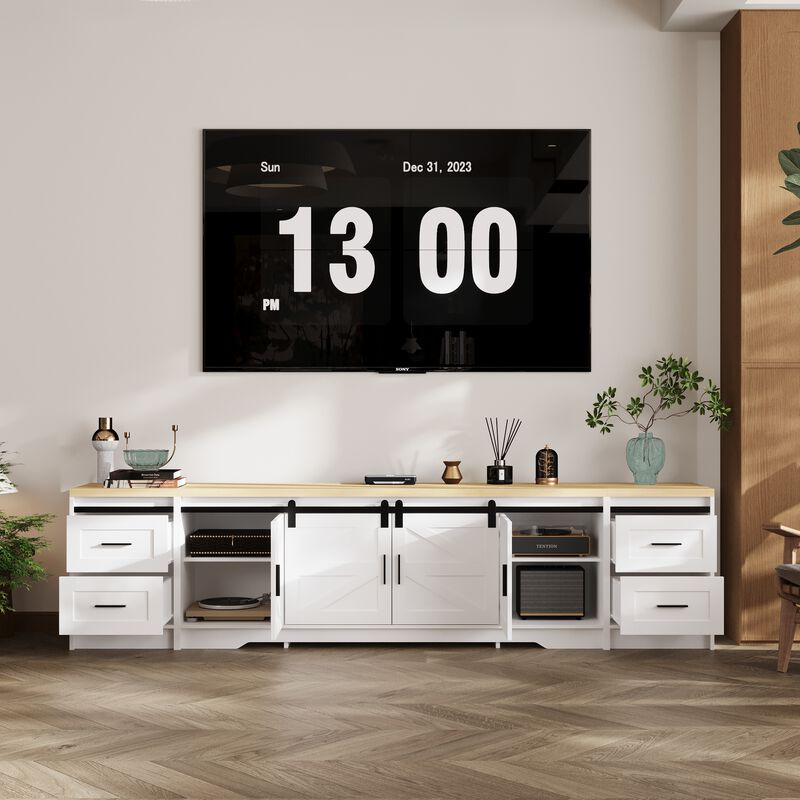 FUFU&GAGA Barn Door Style TV Cabinet with 4 Drawers and 2 Cabinets (94.5" W x 15.7" D x 23.6" H),White & Natural Wood