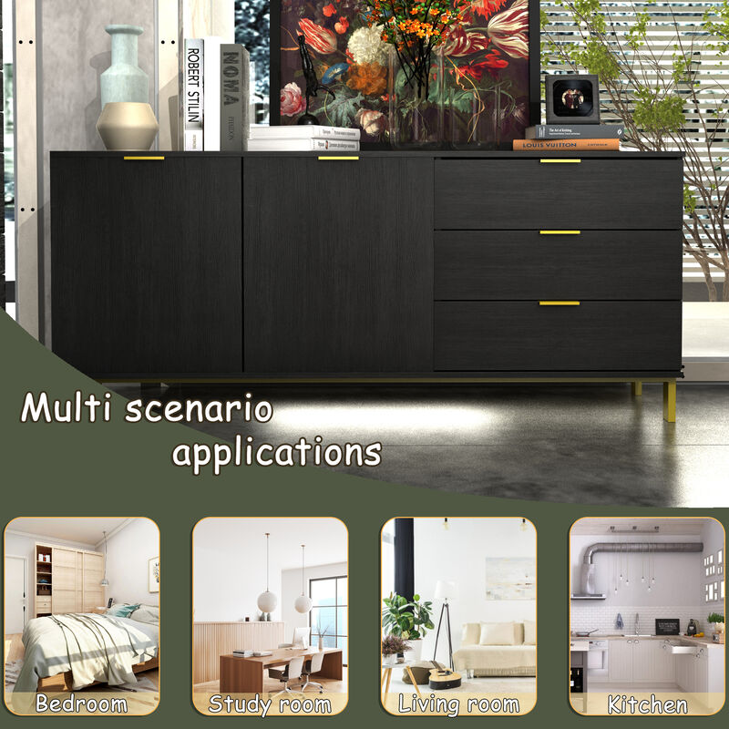 Sideboard Buffet Cabinet with 3 Drawers & 2 Doors for Kitchen, Entryway Cupboard with Gold Metal Legs, Black (62.9" L x 15.7" W x 27.5" H)