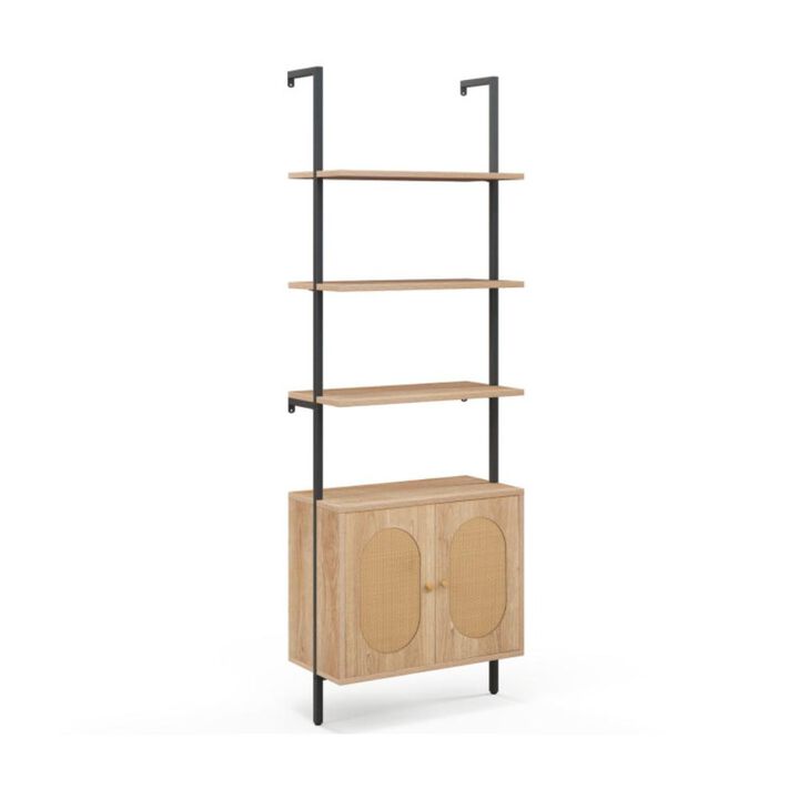 Hivvago 71 Inch 6-Tier Wall Mounted Ladder Bookshelf with Rattan Cabinet-Natural