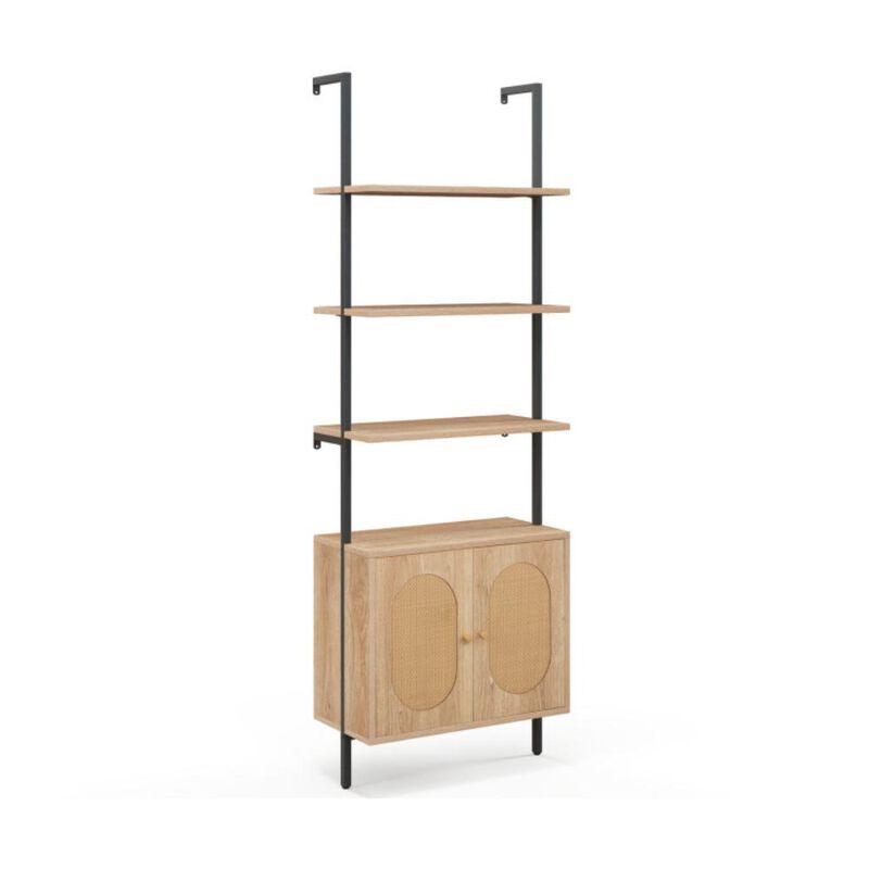 Hivvago 71 Inch 6-Tier Wall Mounted Ladder Bookshelf with Rattan Cabinet-Natural