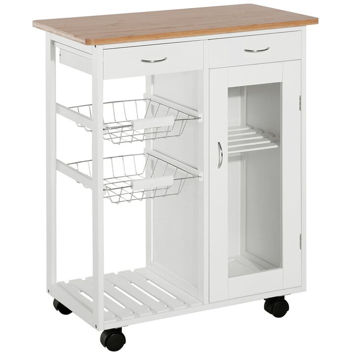 Mobile Kitchen Helper: White Rolling Island Cart with Wood Top and Baskets