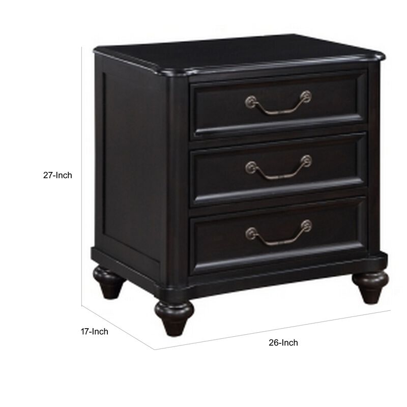 Vix 27 Inch Nightstand, 3 Drawers, Molded Design Pewter Drop Handles, Black - Benzara