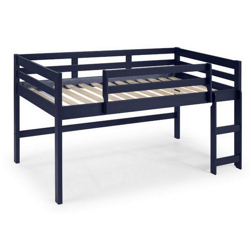 Twin Loft Bed with Wooden Frame and Reversible Ladder, Blue-Benzara