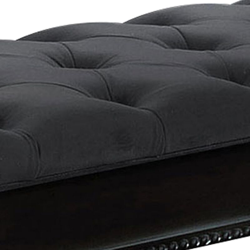 Fabric Padded Bench with Deep Button Tufting and Turned Legs, Black-Benzara