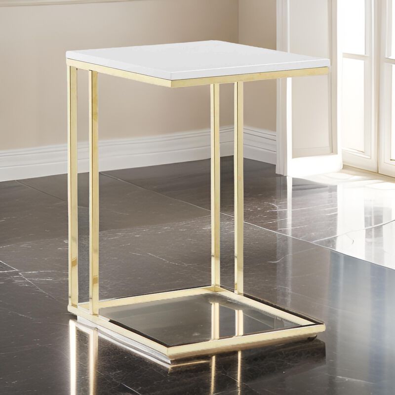 Zen 23 Inch Side End Tray Table, White Tray Top, Steel Base in Gold Finish - Benzara