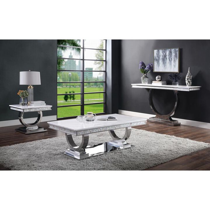 Acme Furniture ACME Zander Coffee Table, White Printed Faux Marble & Mirrored Silver Finish