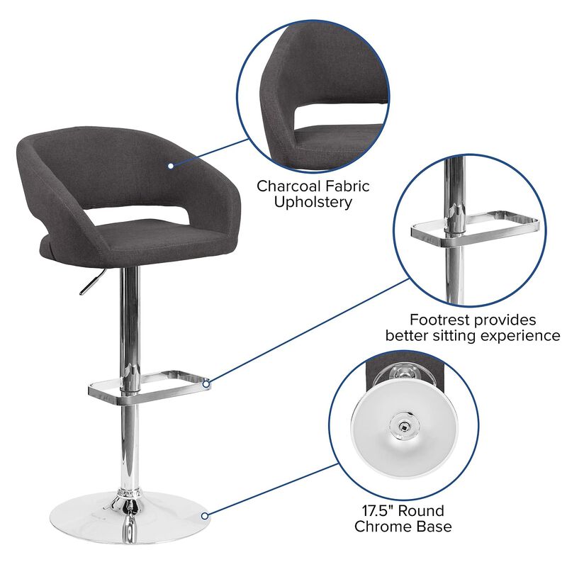 Flash Furniture Erik Comfortable & Stylish Contemporary Barstool with Rounded Mid-Back and Foot Rest, Adjustable Height - Charcoal Fabric with Chrome Base