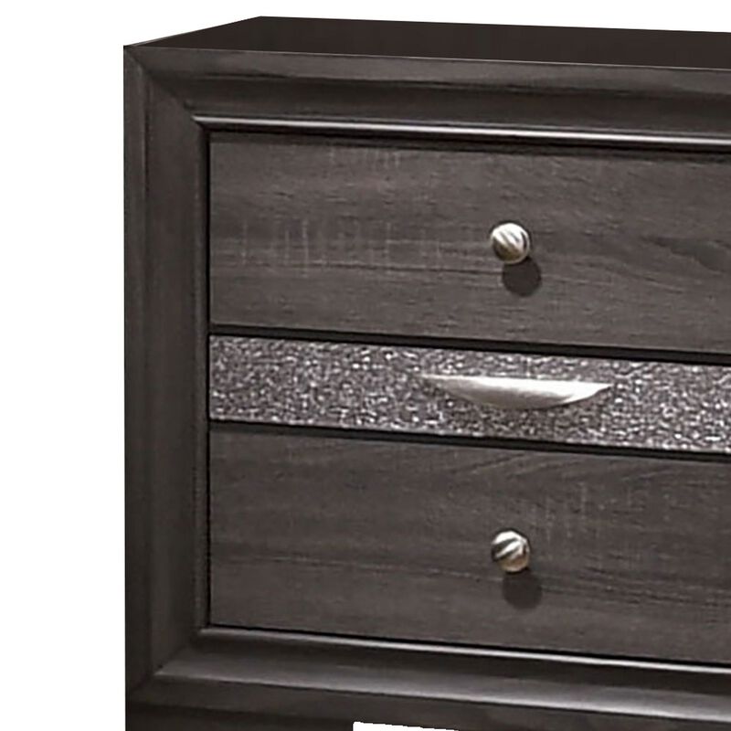 Wooden Nightstand with 2 Drawers and 1 Jewelry Drawer, Gray and Silver-Benzara