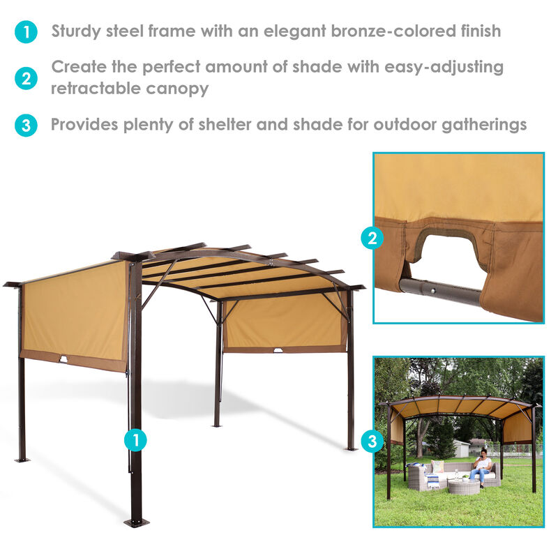 Sunnydaze 9 ft x 12 ft Metal Arched Pergola with Retractable Canopy