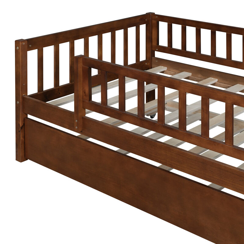 Twin Size Wood Daybed With Trundle And Fence Guardrails