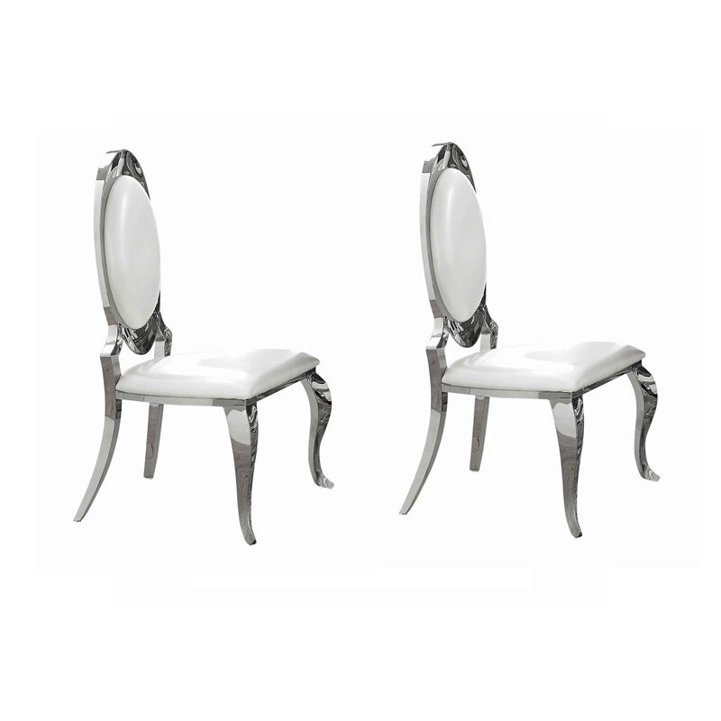 Metal Armless Dining Chair with Oval Padded Back, Set of 2,Silver and White - Benzara