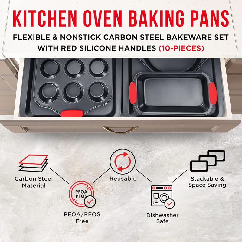 BAKKEN Kitchen Baking Pan Set - Nonstick Coating, Carbon Steel Bakeware Sets with Handles, Baking Kitchen Essentials, PFOA, PFOS, PTFE Free, Oven Safe Tray (Up To 450° F), Set of 18