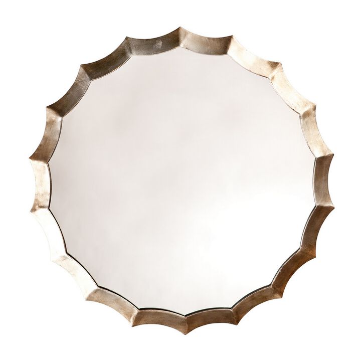 Round Mirror with Scalloped Metal Frame, Gold-Benzara