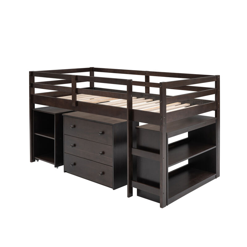Low Study Twin Loft Bed With Cabinet And Rolling Portable Desk