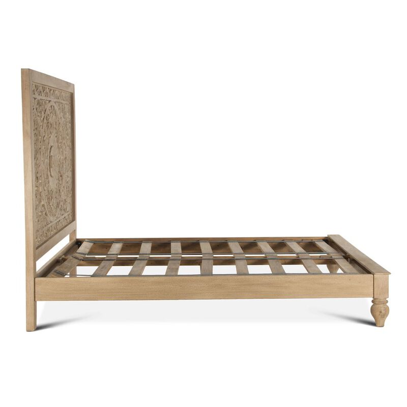 World Interiors Haveli Mango Wood Queen Bed in Natural Whitewash Finish
