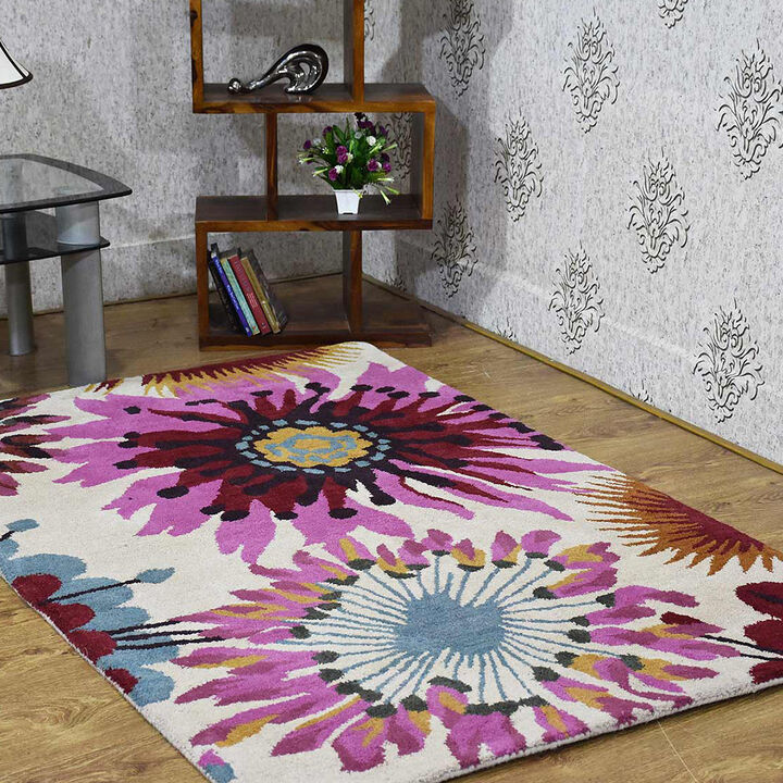 RUGSOTIC CARPETS HAND TUFTED WOOL ECO-FRIENDLY AREA RUGS  - 10'x13', Rectangle Shape, Cream, Floral Modern Design, High Pile Thick Handmade Anti Skid Area Rugs for Living Room, Bed Room (K00504)