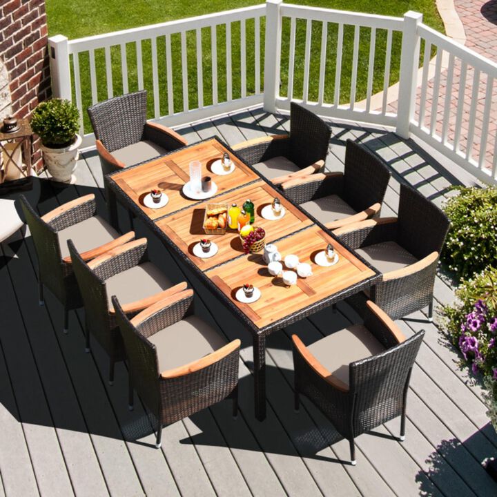 Hivvago 9 Pieces Rattan Dining Set with Acacia Wood Table and Stackable Cushioned Chairs