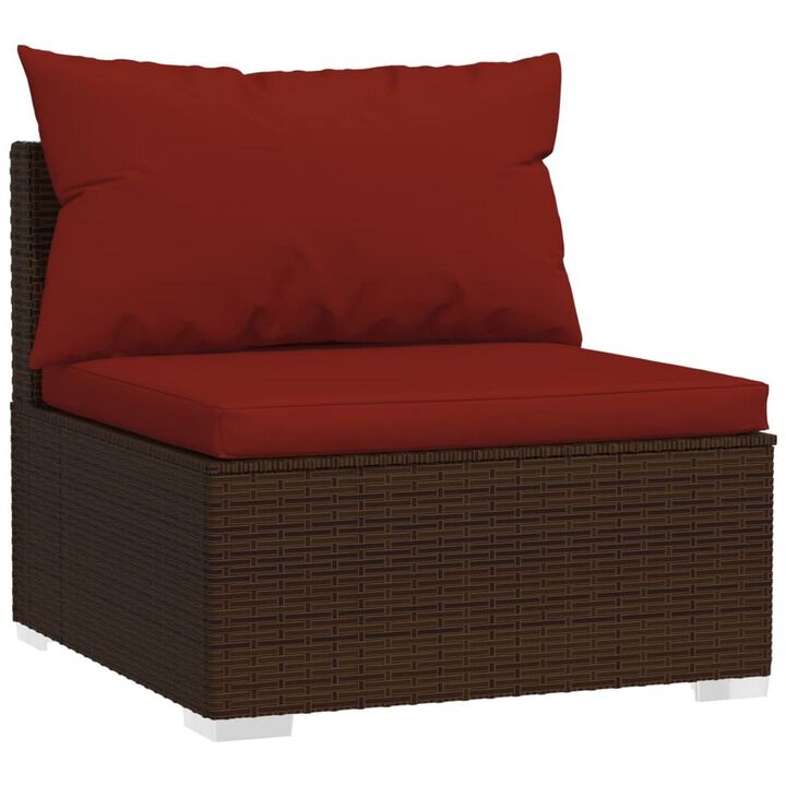 5pc Outdoor Modular Sectional Sofa Set, Red Cushions, Brown Rattan - Benzara