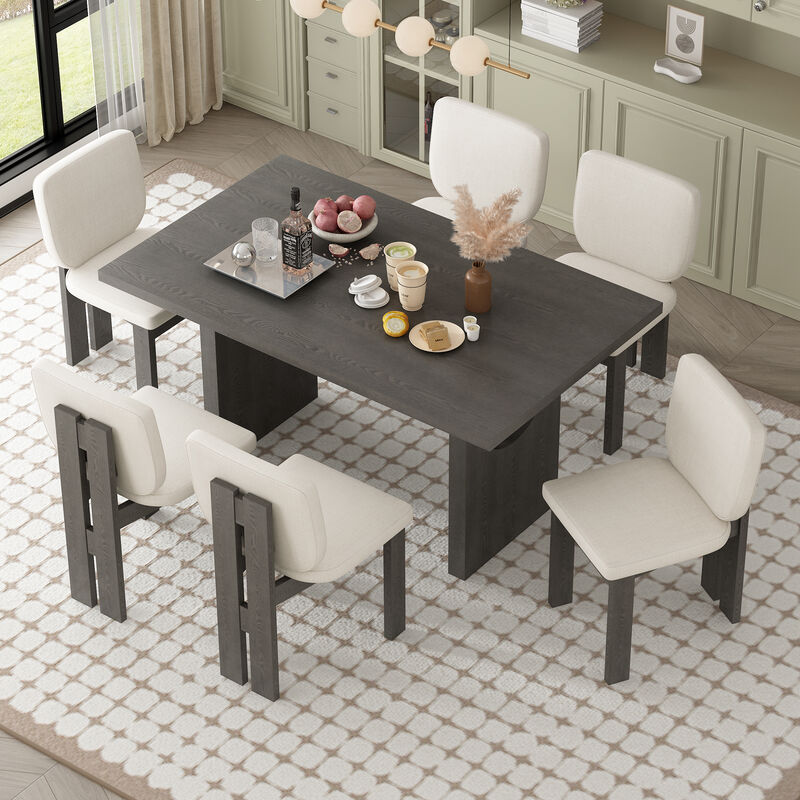 7-Piece Retro Dining Table Set for 6, 60" Wood Dining Table Set for 6 with Upholstered Chairs and Designed Trestle Base for kitchen & Dining Room (Grey)
