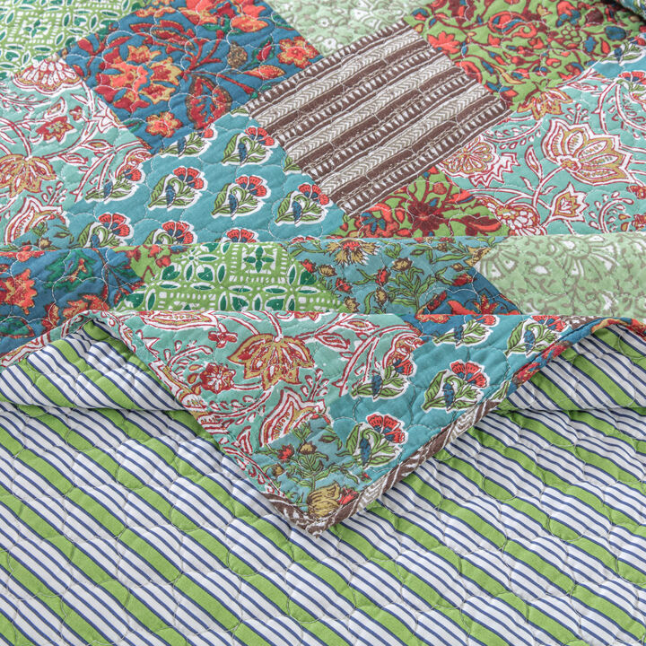 Aby 3pc Full/Queen Quilt Set, Reversible Patchwork, Jade Green Cotton