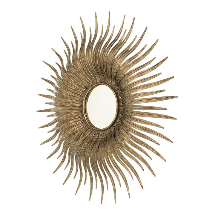 28 Inch Wall Mount Accent Mirror with Round Sunburst Iron Frame,  Gold-Benzara