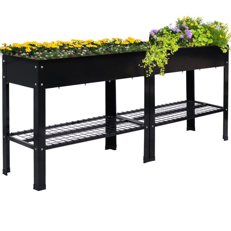 Sunnydaze Galvanized Steel Raised Bed with Mesh Shelf - Black - Set of 2