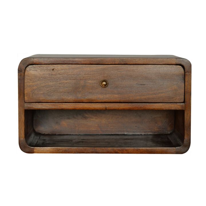 Curved Chestnut Wall Mounted 1 Drawer with Open Slot Solid Wood Nightstand