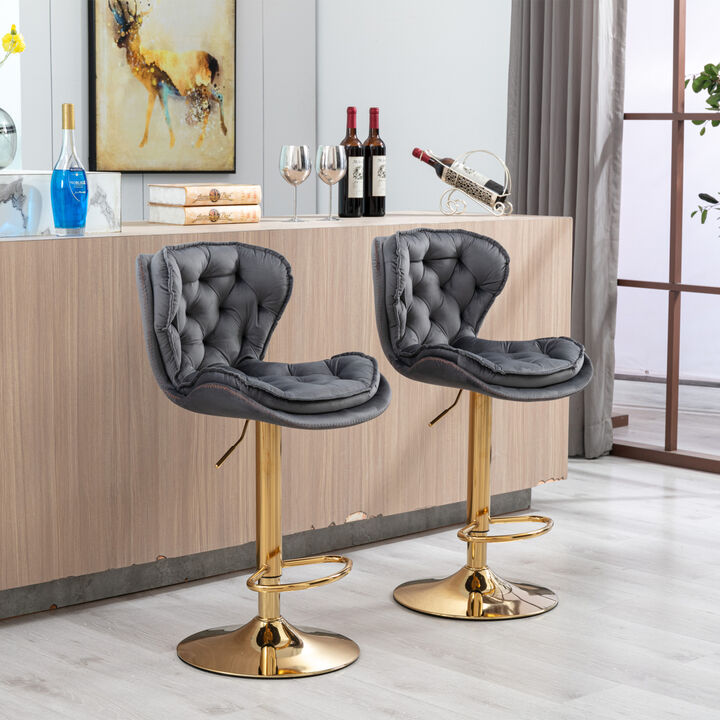 Set Of 2 Bar Stools, With Chrome Footrest And Base Swivel Height Adjustable Mechanical Lifting