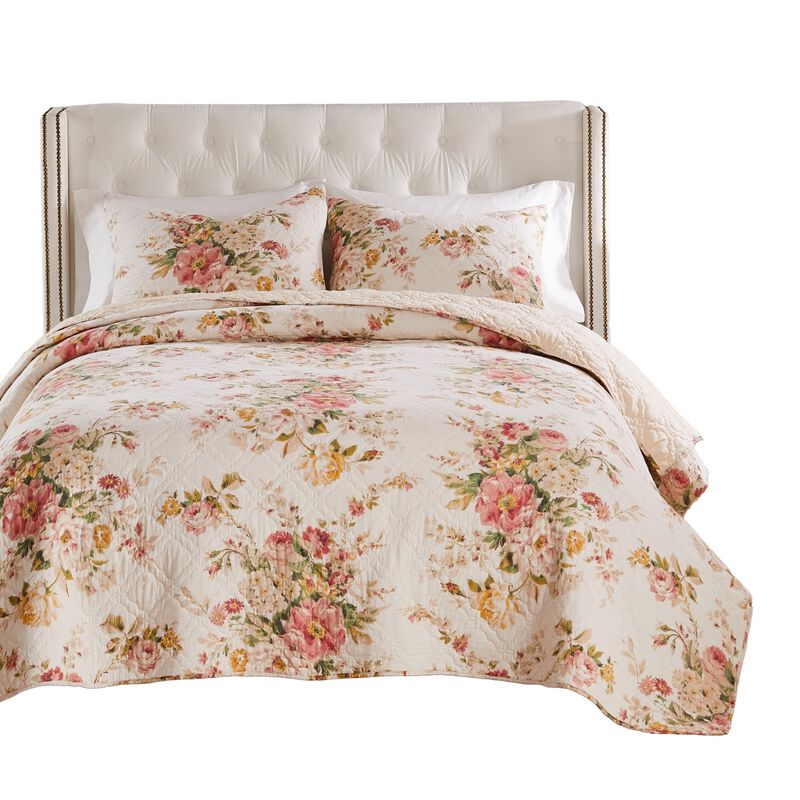 Givi 3pc King Quilt Set, Shams, Red and Floral Beige Buttercup Cotton